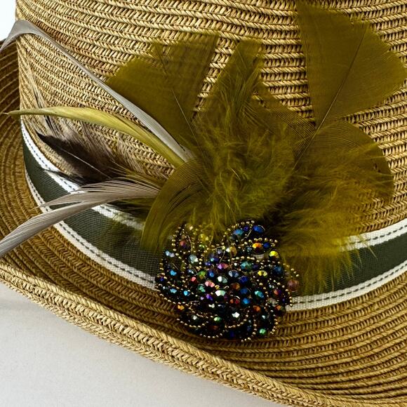 Uno Alla Volta Fedora Raffia Hat Feather Gems Rhinestone Band Tan Made in USA main image 4